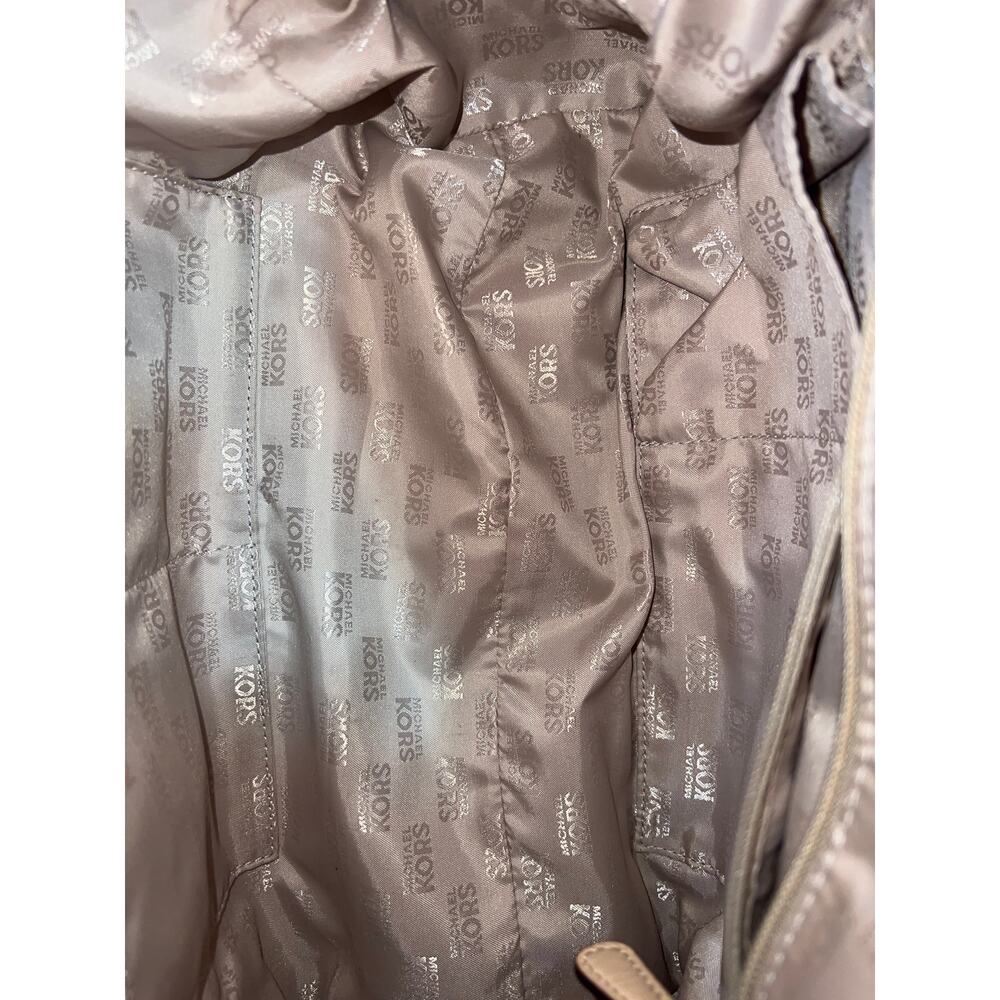 Michael Kors Monogram Cream Satchel Leather Trim Elegant Handbag - Picture 4 of 12